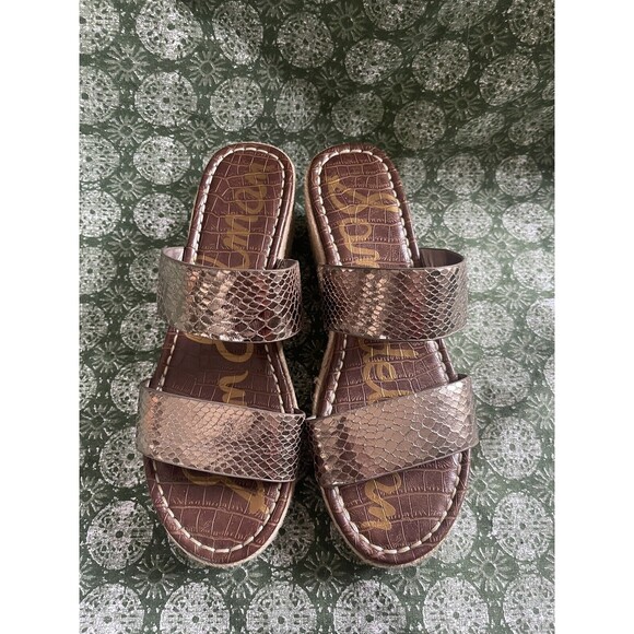 Sam Edelman Womens 9 M Gold Snake Print Slip On Wedge Slides Sandals - Picture 2 of 6